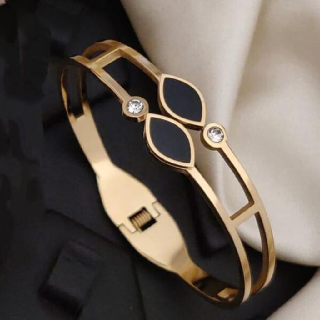 Two Black Leaf Zircon Gold Lightweight Minimalist Stacking Bangle Bracelet