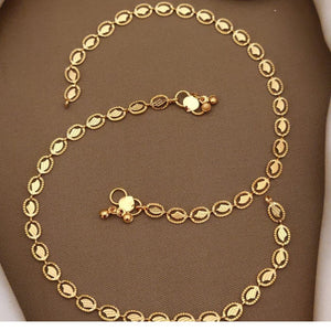 2 Pcs Golden Brass Oval Leaf Minimalist Boho Thin Slim Foot Payal Anklet (Close-up Detail) | The Colourful Aura