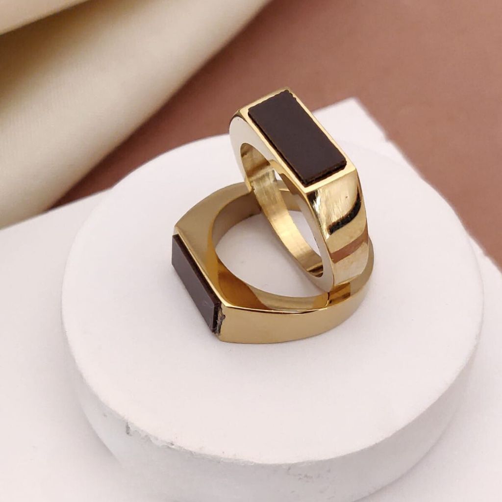 Flat Top Rectangle Thin Black Signet Solid Brass 18ct Gold Ring
