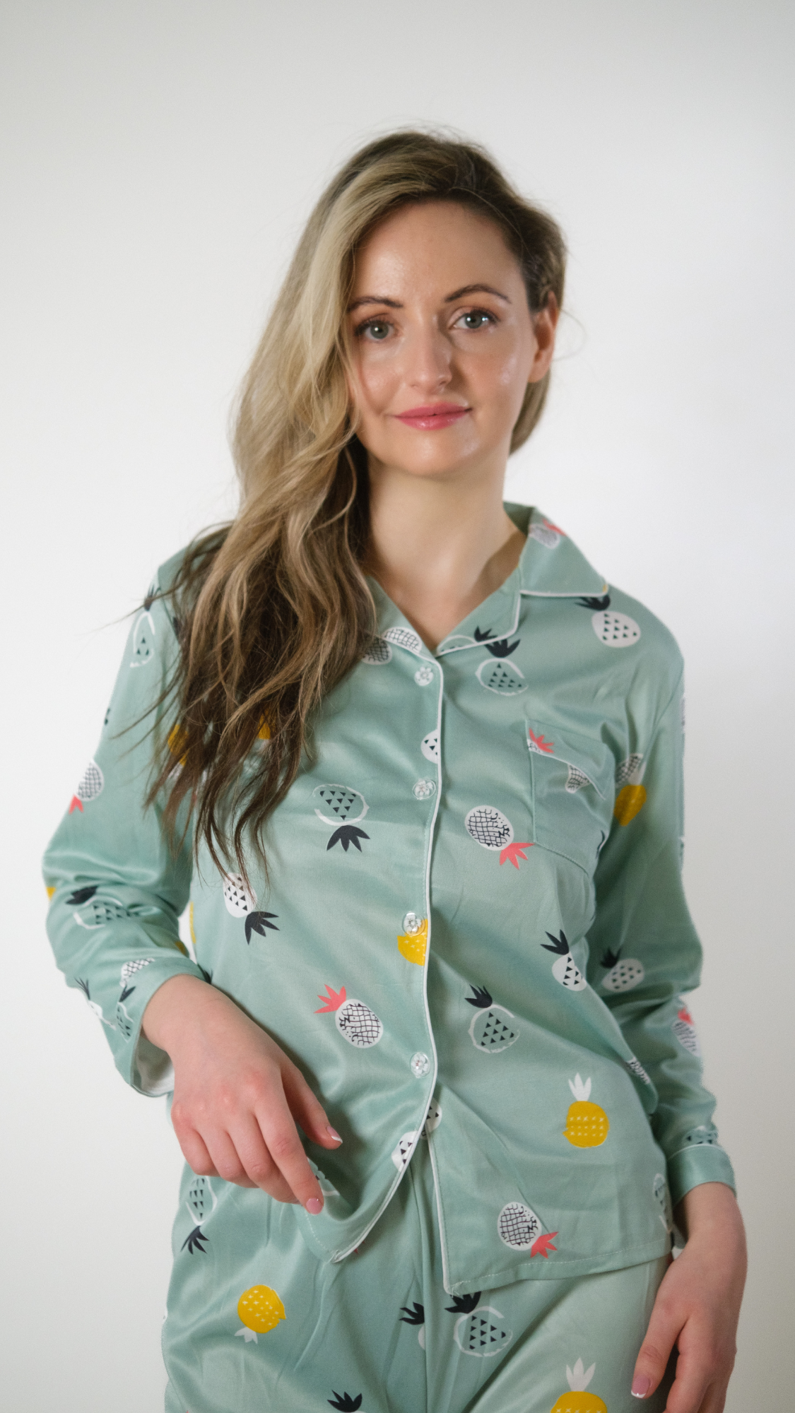 Sea Green Fruit Printed Full Sleeve Cotton nightwear women Pyjama Set