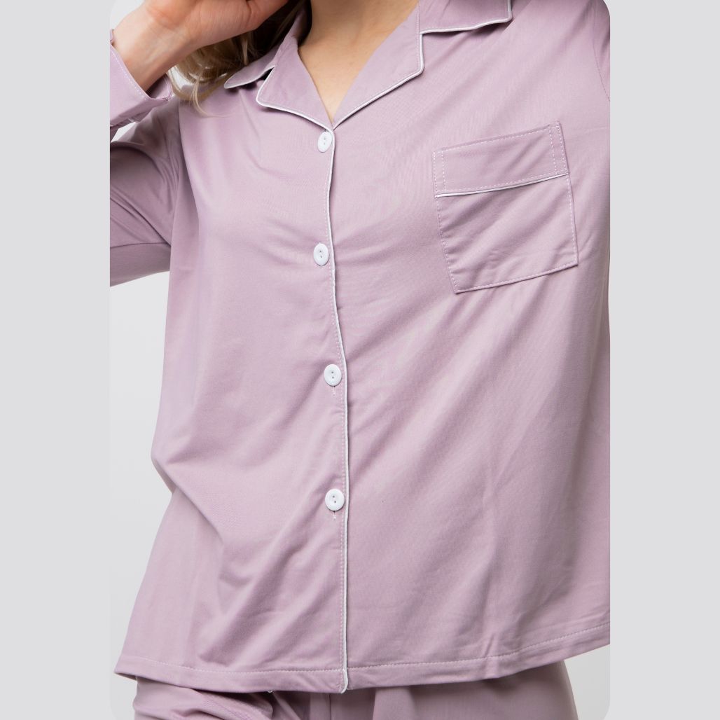 Mauve Plain Soft Cotton Long Sleeve Night Suit Women's Silk Sleepwear Pyjama Set