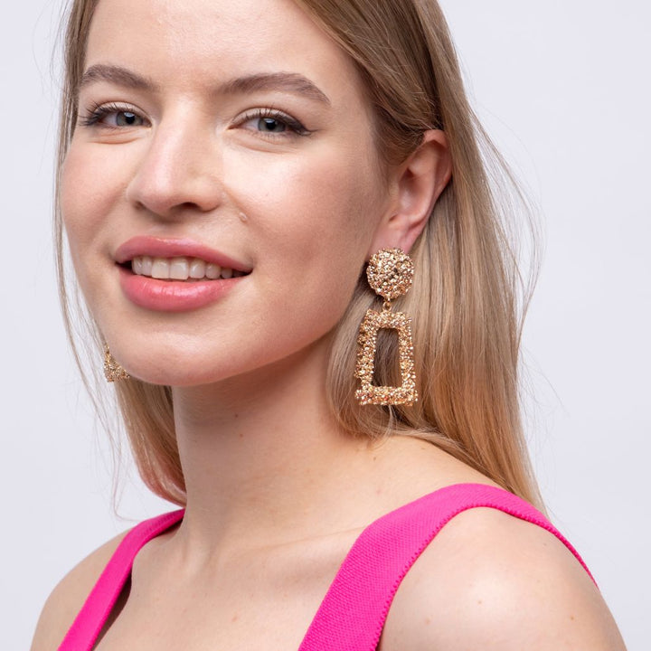 Gold Vintage Hollow Geometric Foil Square Long Drop Brinco Statement Earrings (Close-up Detail) | The Colourful Aura