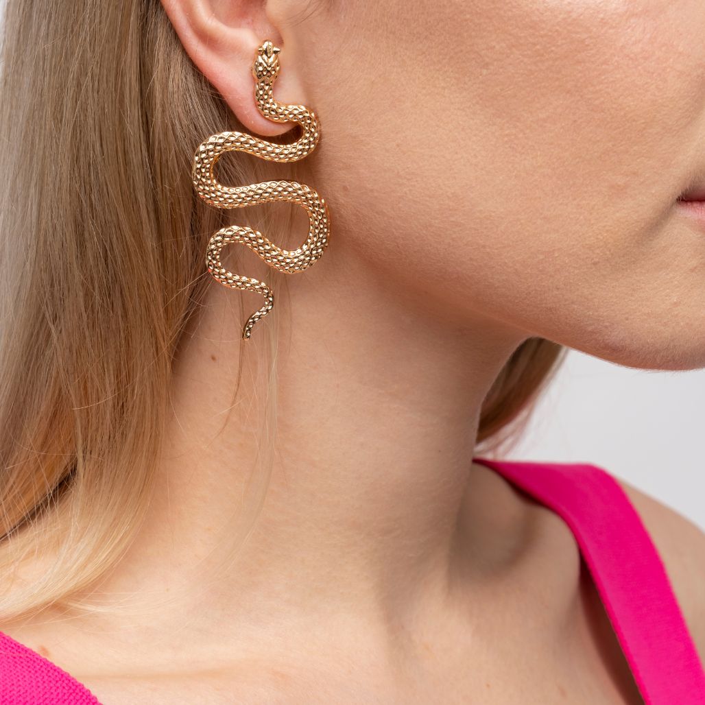 Vintage Large Metal Snake Conch Cartilage Quirky Statement Drop Dangle Animal