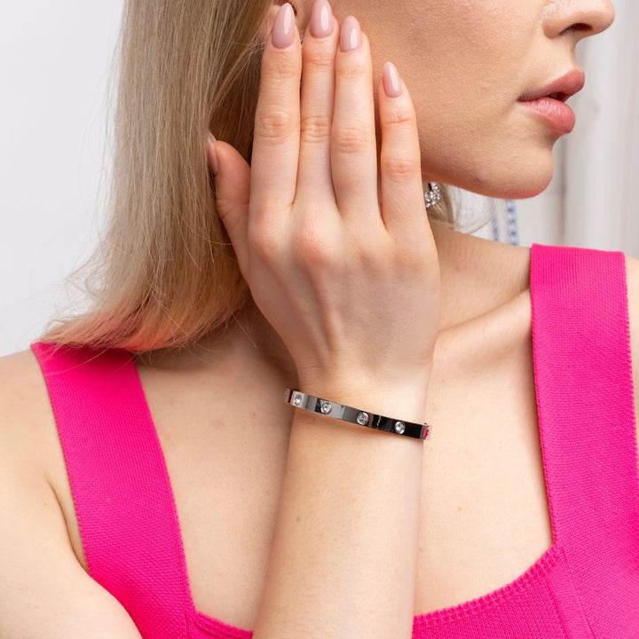 Silver Stainless Steel Wide Crystal Zircon Oval Geometric Open Split Cuff Bangle (Close-up Detail) | The Colourful Aura