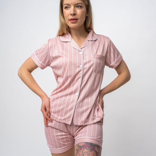 Pink Stripe Soft Cotton Night Suit Nightwear Women's Sleepwear Shorts Pyjama Set