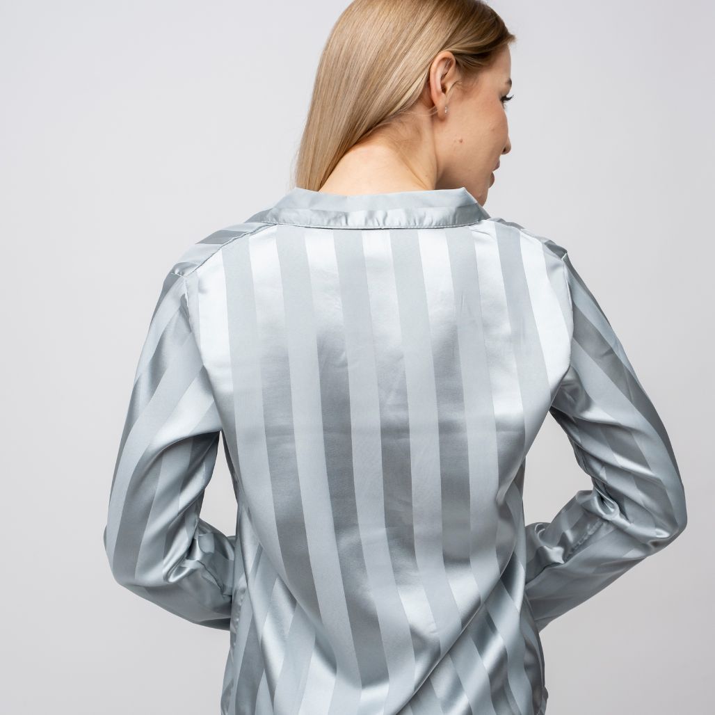 Beige Stripe Soft Satin Long Sleeve Night Suit Women's Silk Sleepwear Pyjama Set