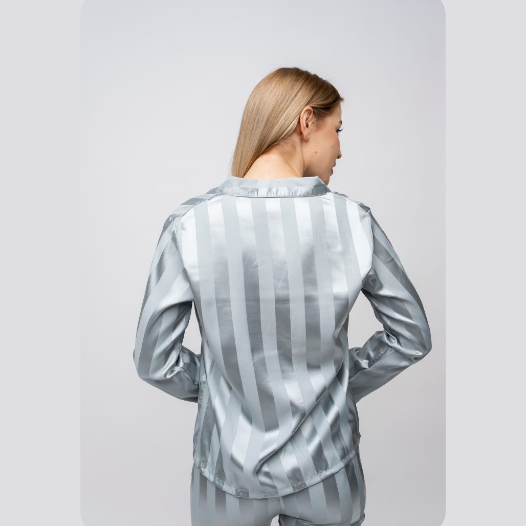 Green Stripe Soft Satin Long Sleeve Night Suit Women's Silk Sleepwear Pyjama Set
