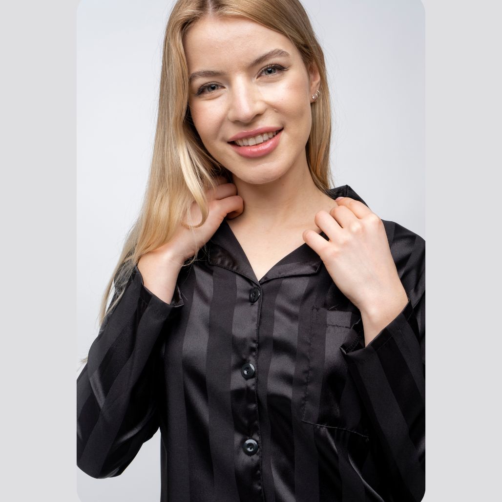 Beige Stripe Soft Satin Long Sleeve Night Suit Women's Silk Sleepwear Pyjama Set