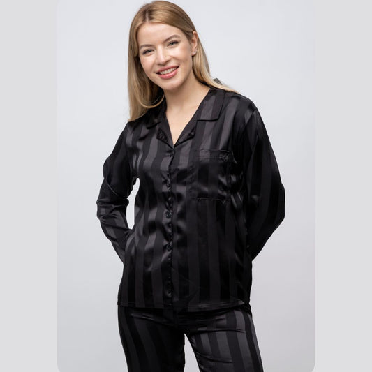 Black Stripe Soft Satin Long Sleeve Night Suit Women's Silk Sleepwear Pyjama Set