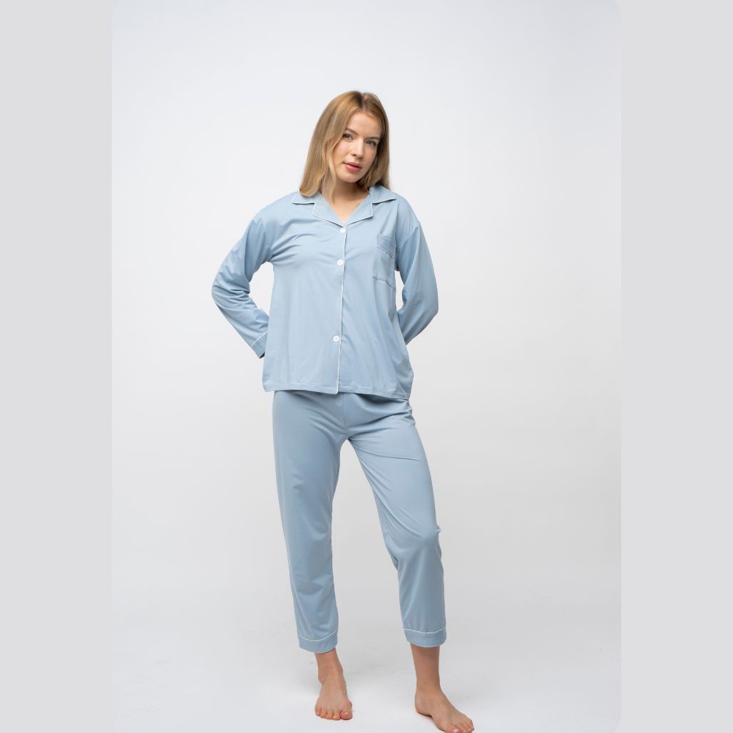 Blue Plain Soft Cotton Long Sleeve Night Suit Women's Silk Sleepwear Pyjama Set