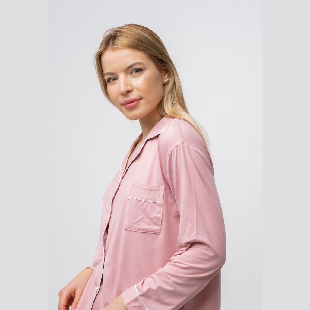 Pink Plain Soft Cotton Long Sleeve Night Suit Women's Silk Sleepwear Pyjama Set