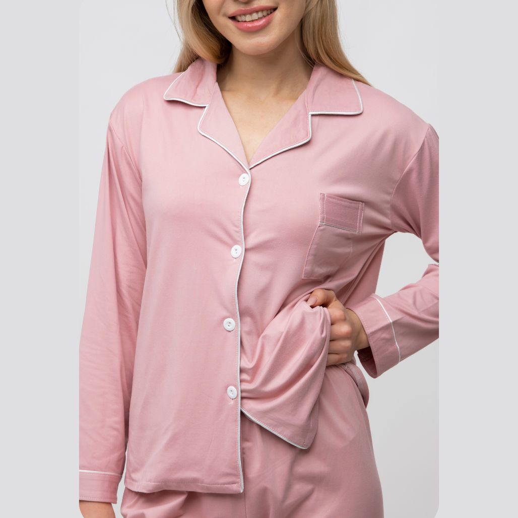 Pink Plain Soft Cotton Long Sleeve Night Suit Women's Silk Sleepwear Pyjama Set