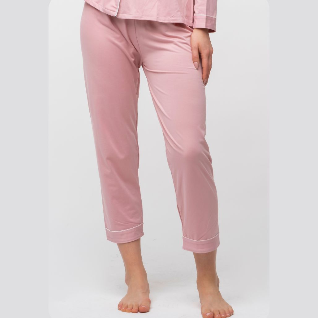 Blue Plain Soft Cotton Long Sleeve Night Suit Women's Silk Sleepwear Pyjama Set