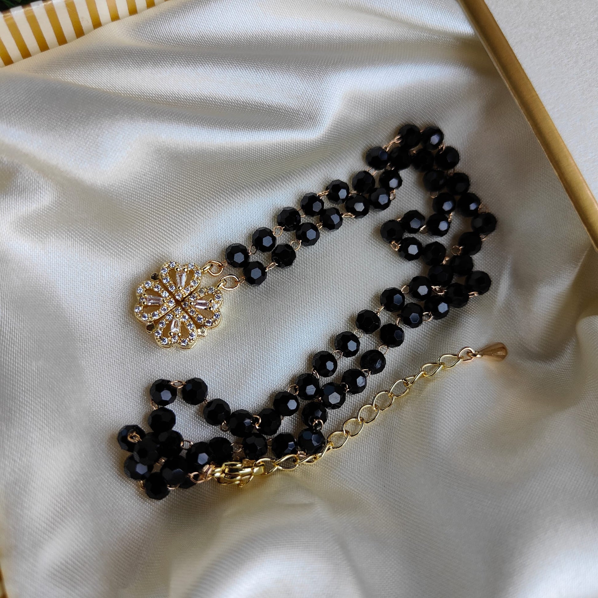 Black Bead Four Heart Magnet Foldable Zircon Mangalsutra Pendant Necklace
