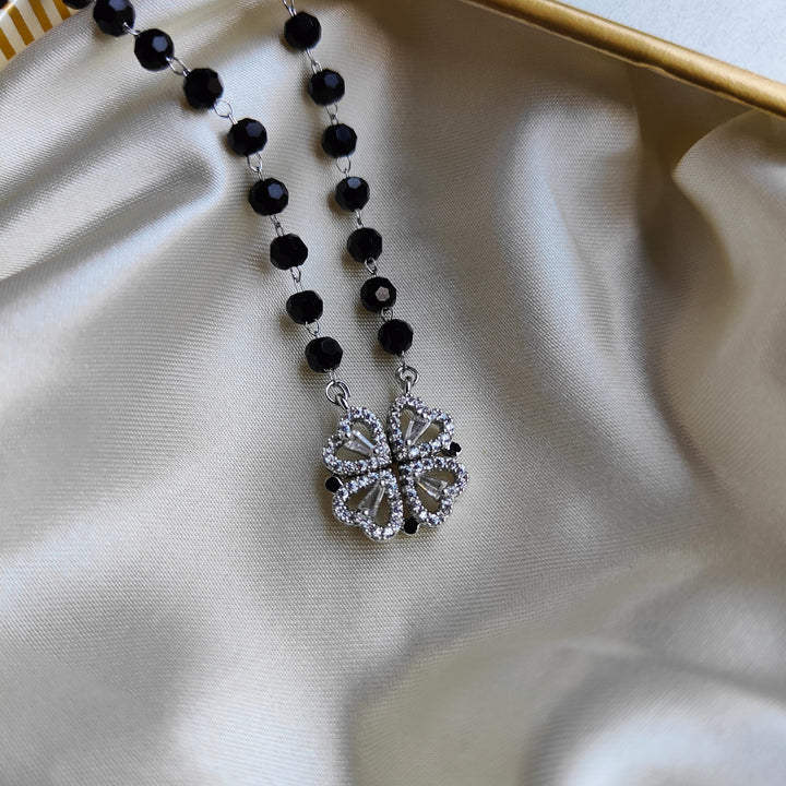 Silver Black Bead Four Heart Magnet Foldable Zircon Mangalsutra Pendant Necklace (Close-up Detail) | The Colourful Aura
