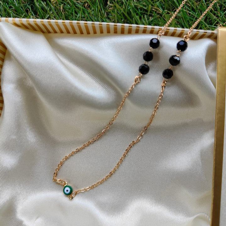 Gold Black Bead Evil Eye Minimalistic Mangalsutra Ethnic Nazar Necklace (Close-up Detail) | The Colourful Aura