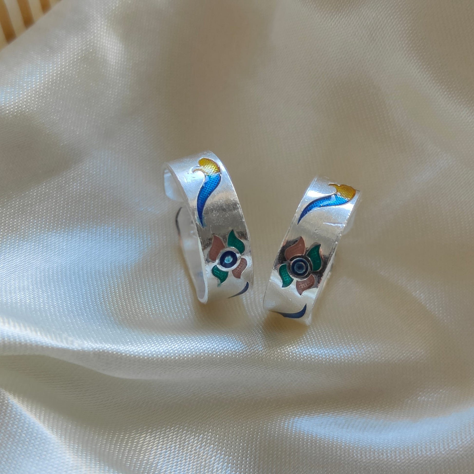 Silver Colourful Floral Band Boho Midi Band Dainty Adjustable Toe Ring