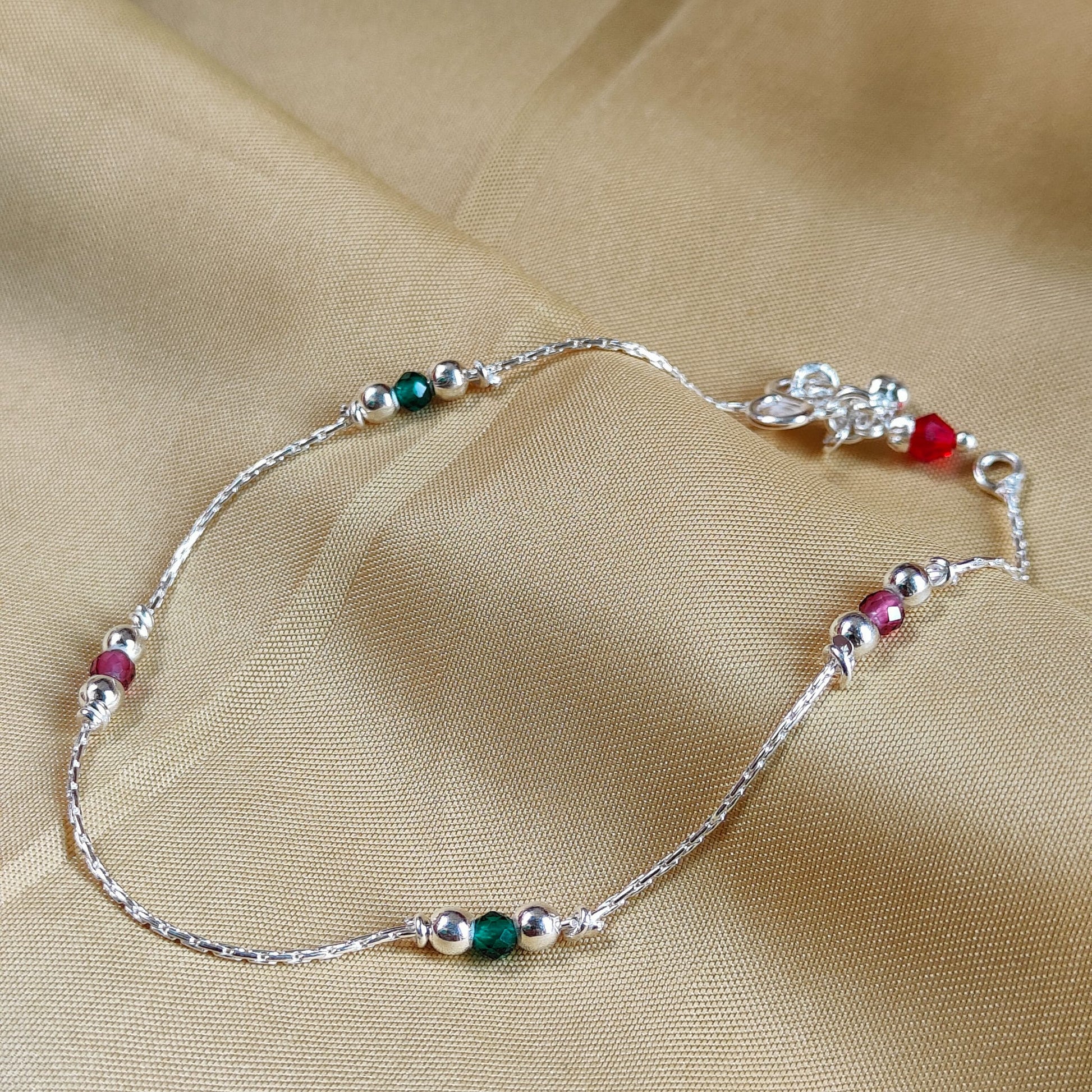 Pure Silver Colourful beaded Summer Indie Boho Indian Payal Anklet