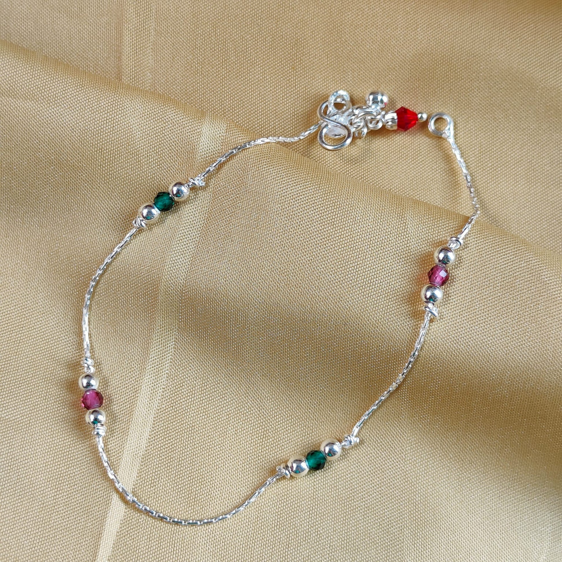 Pure Silver Colourful beaded Summer Indie Boho Indian Payal Anklet