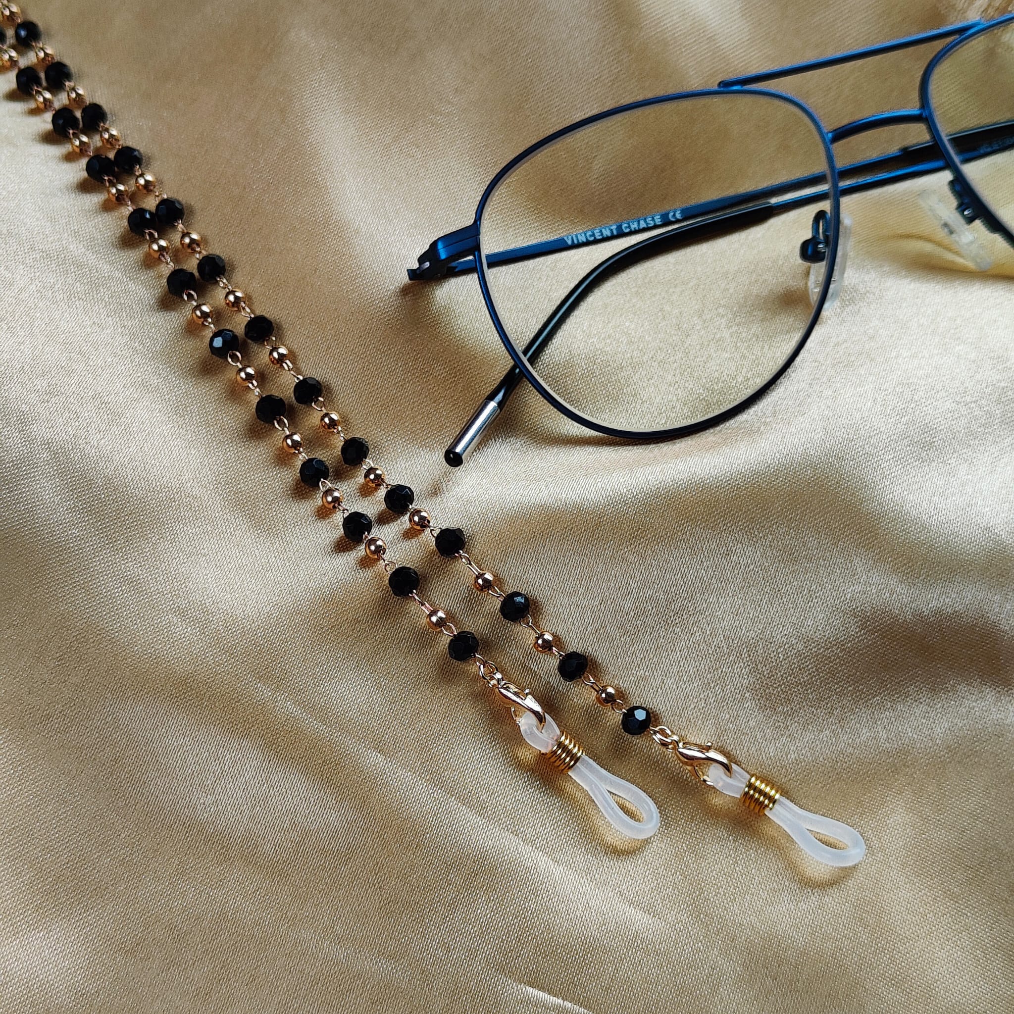 Black Beaded Sunglass Reading Eyeglass Lanyard Detachable Chain