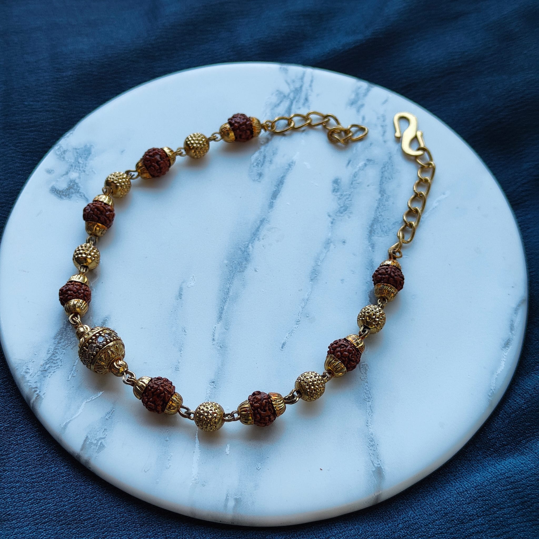 Indian Shiva Rudraksha Gold Beaded Hindu Bracelet (Close-up Detail) | The Colourful Aura