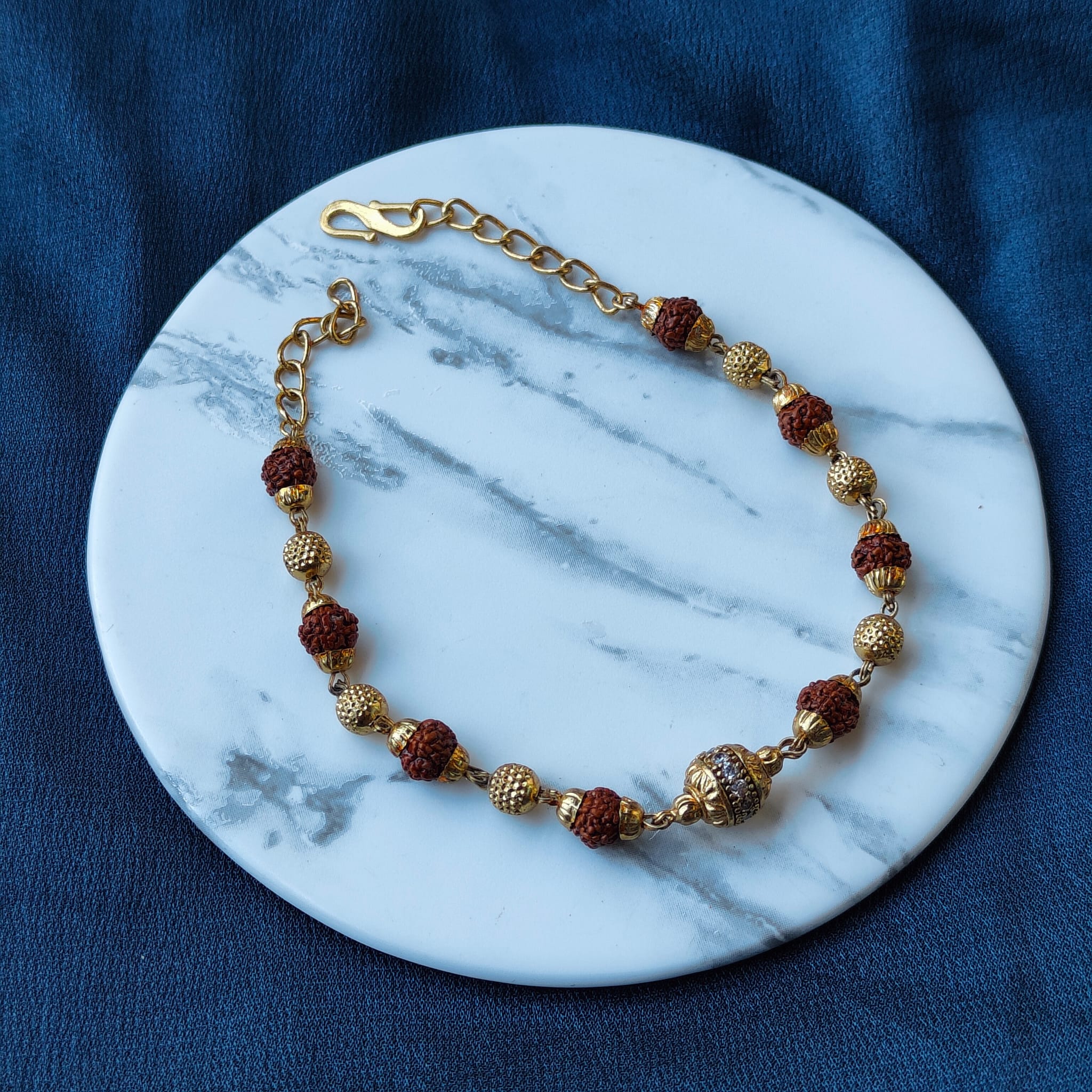 Indian Shiva Rudraksha Gold Beaded Hindu Bracelet (Close-up Detail) | The Colourful Aura