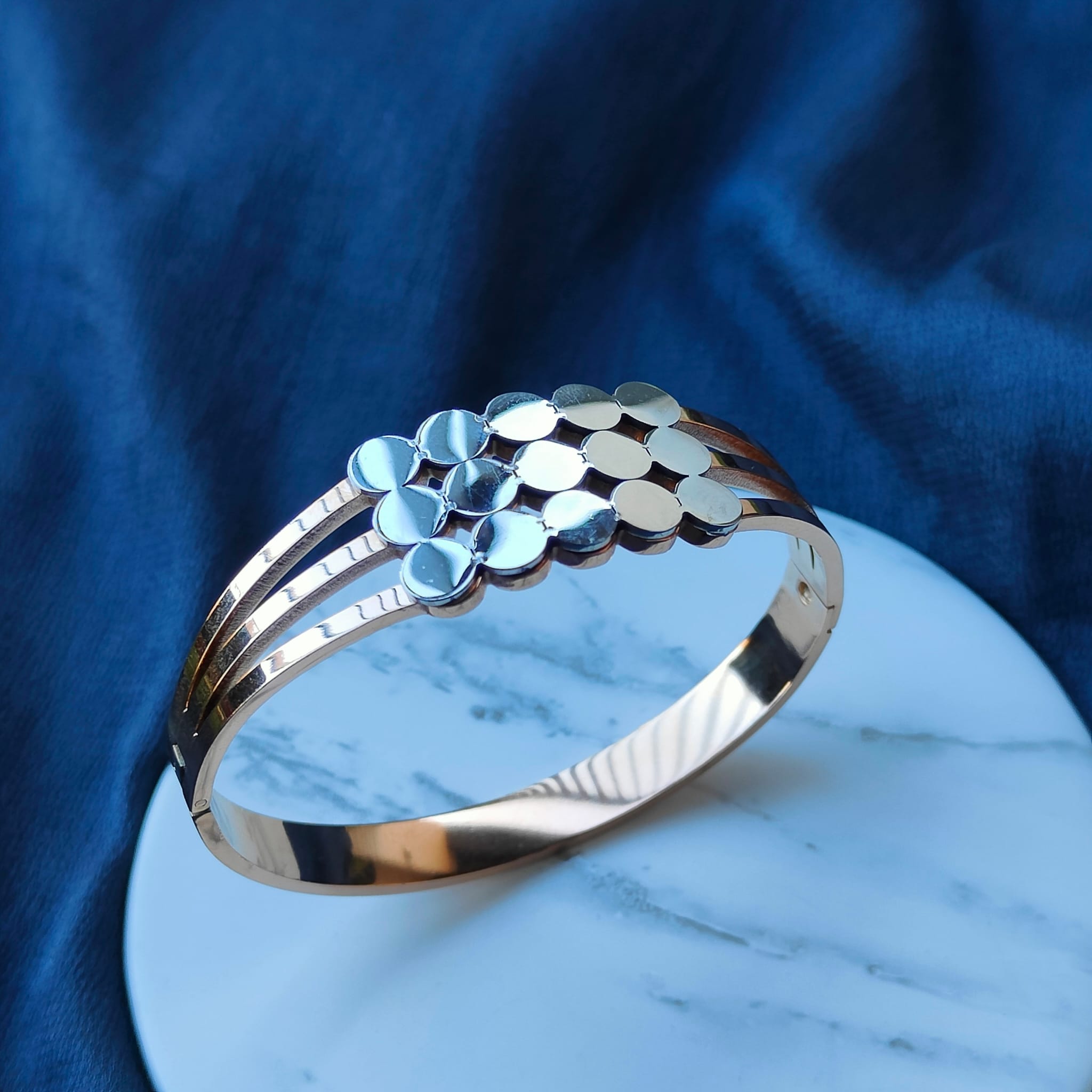 Three Layer Wide Round Rose Gold Non Tarnish Bangle Bracelet