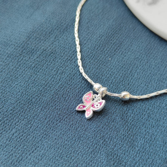 Pure Silver Heart and Butterfly Charm Dangle Thin Payal Anklet