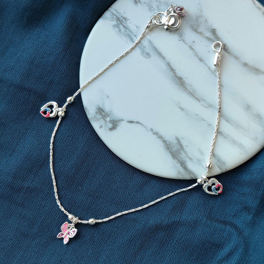 Pure Silver Heart and Butterfly Charm Dangle Thin Payal Anklet