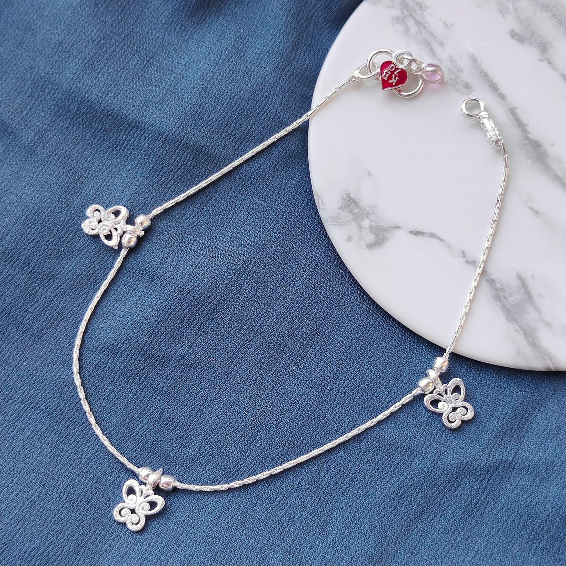 Pure Silver Butterfly Charm Dangle Thin Chain Asian Indian Payal Anklet
