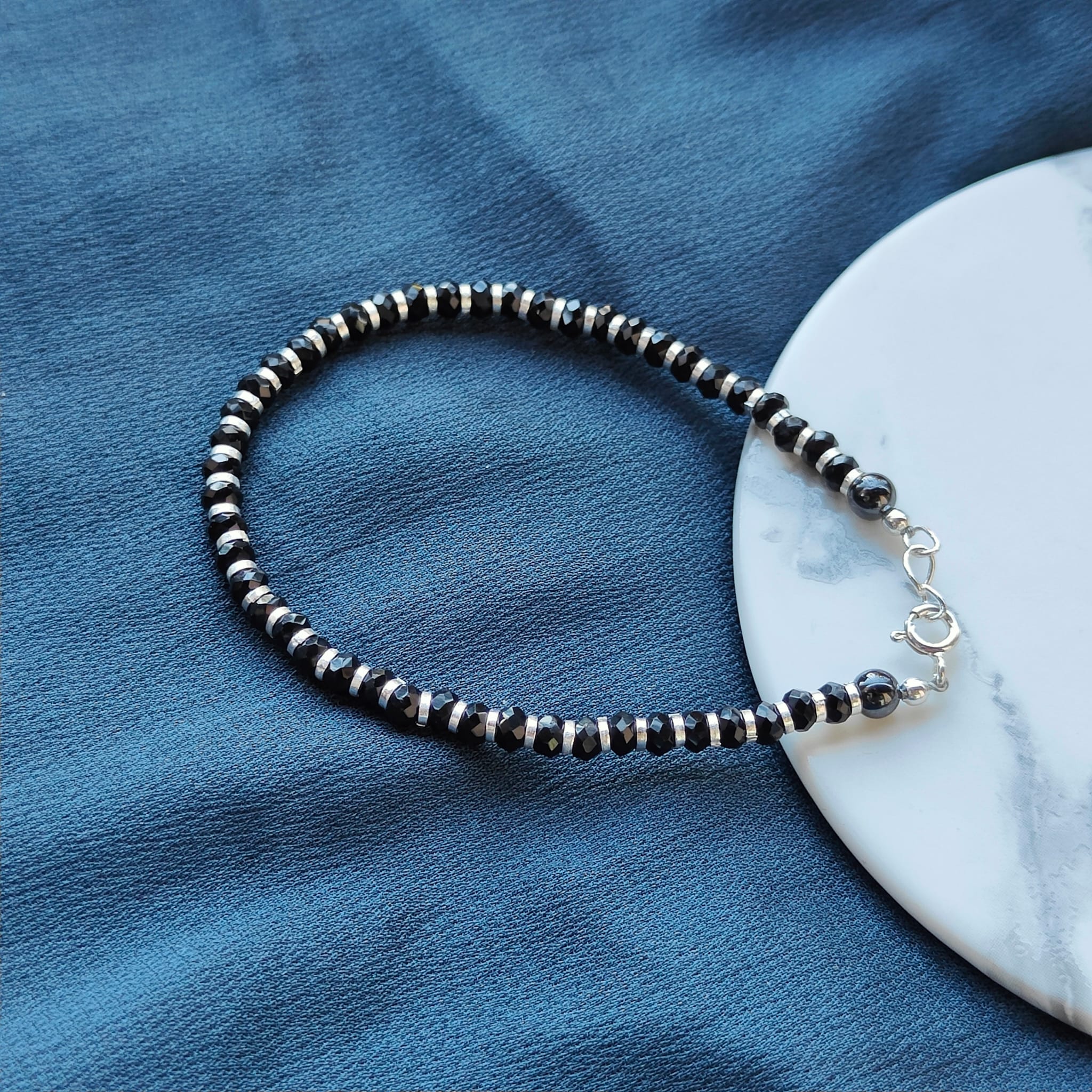 925 Silver Black Beaded Nazar Chain Indian Asian Thin Bracelet
