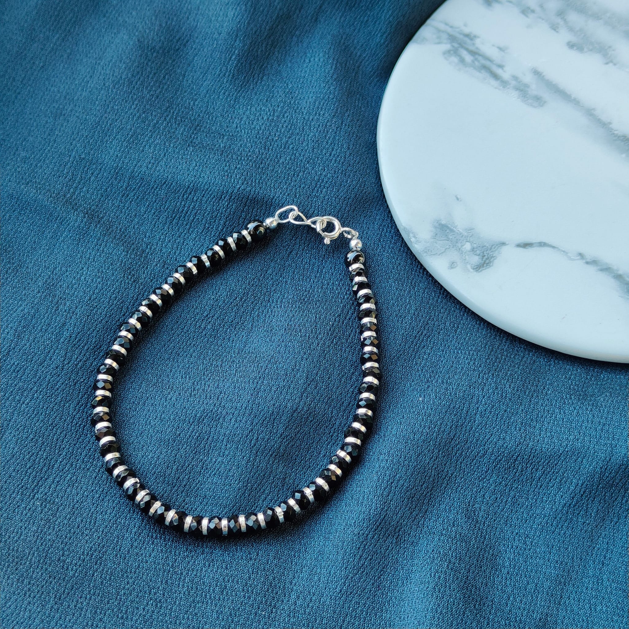 925 Silver Black Beaded Nazar Chain Indian Asian Thin Bracelet