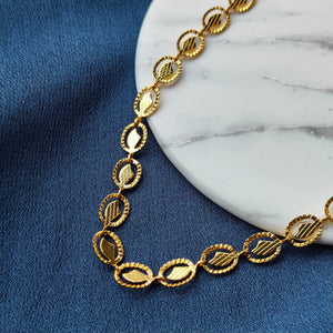 Golden Brass Oval Leaf Minimalist Boho Thin Slim Foot Payal Anklet (Close-up Detail) | The Colourful Aura