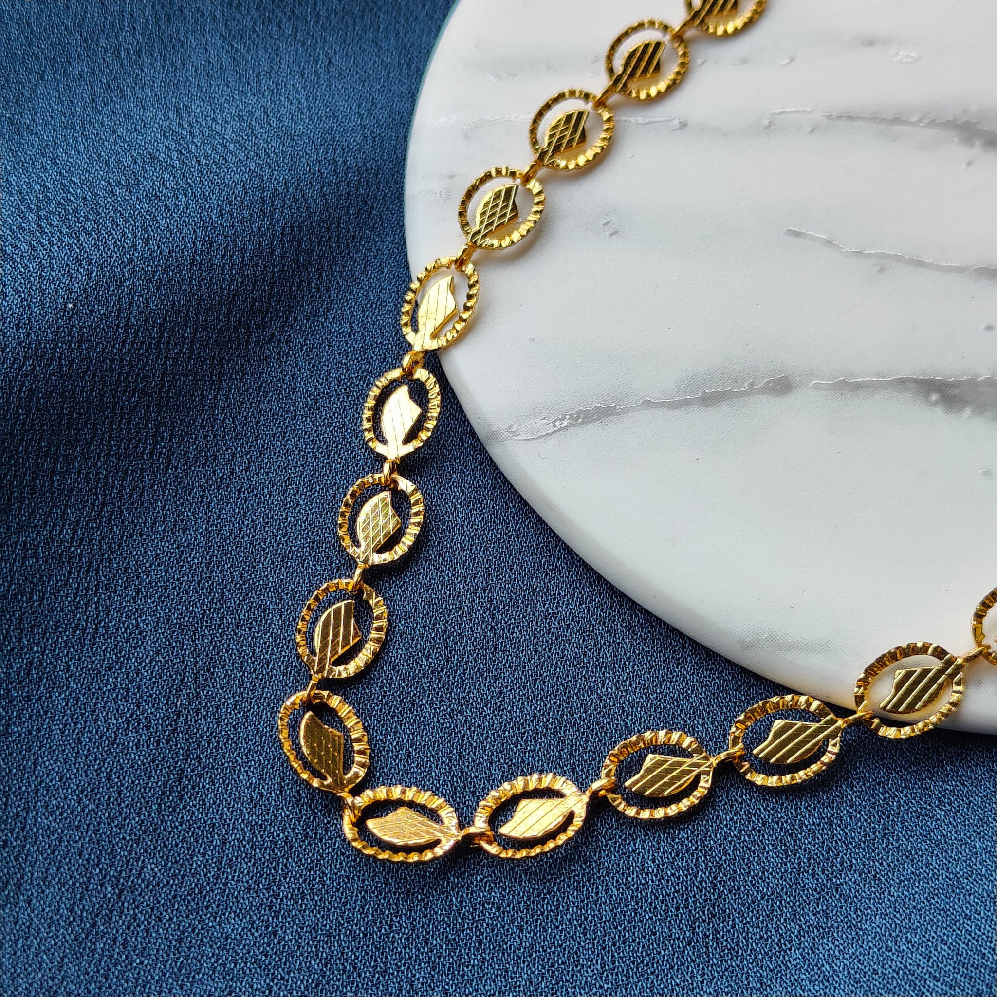 Golden Brass Oval Leaf Minimalist Boho Thin Slim Foot Payal Anklet (Close-up Detail) | The Colourful Aura