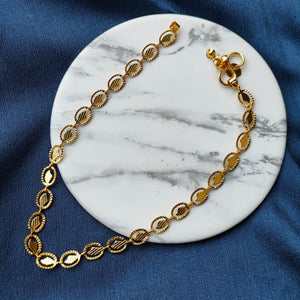 Golden Brass Oval Leaf Minimalist Boho Thin Slim Foot Payal Anklet (Close-up Detail) | The Colourful Aura