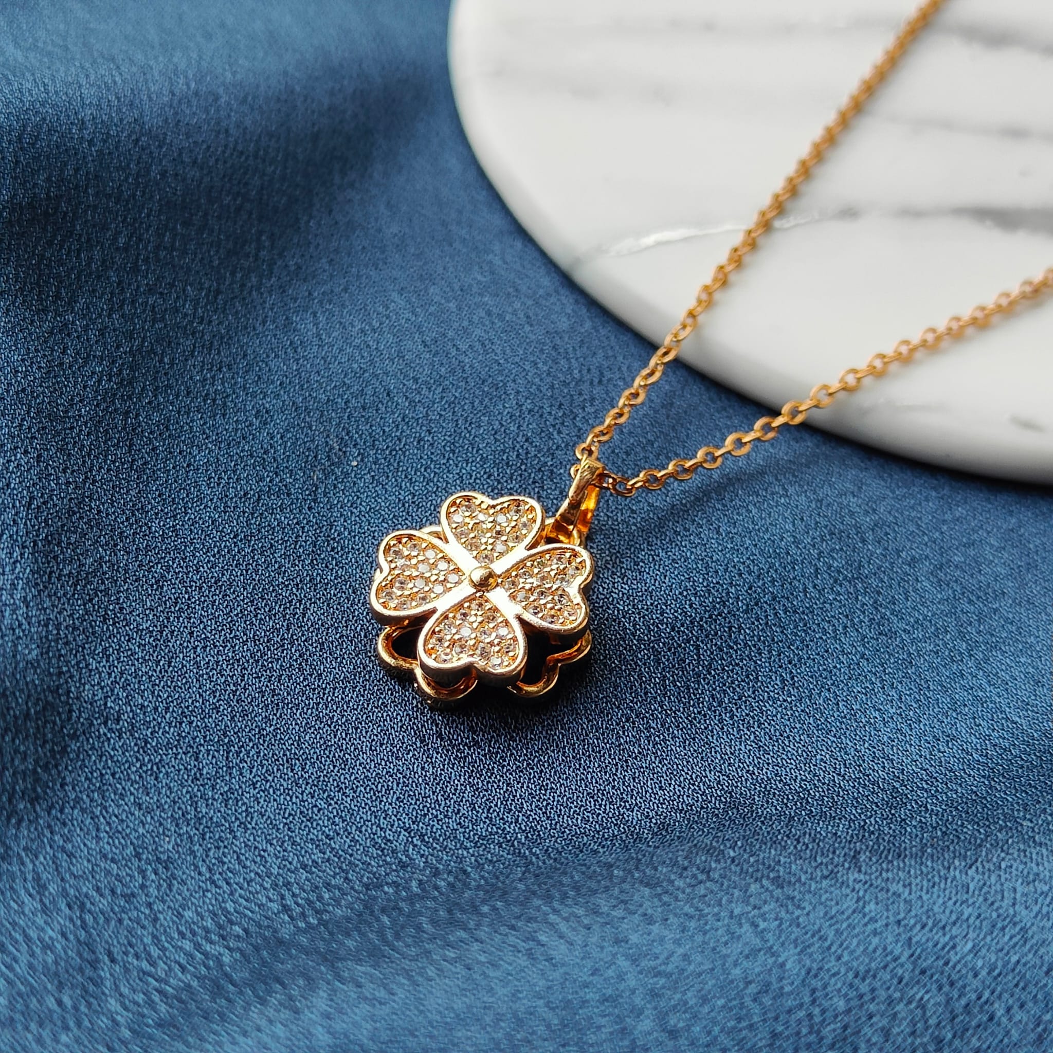 Gold Large Clover Shamrock Rotating Spinner Pendant Necklace