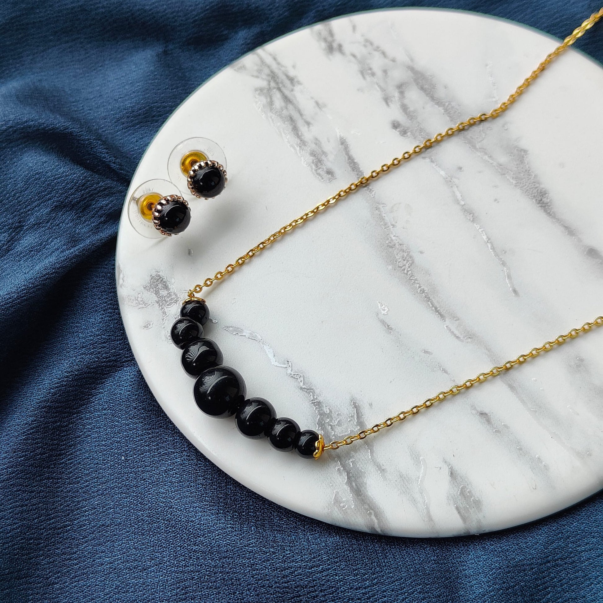 Black Round Large Pearl Simple Long Elegant Pendant Necklace Set