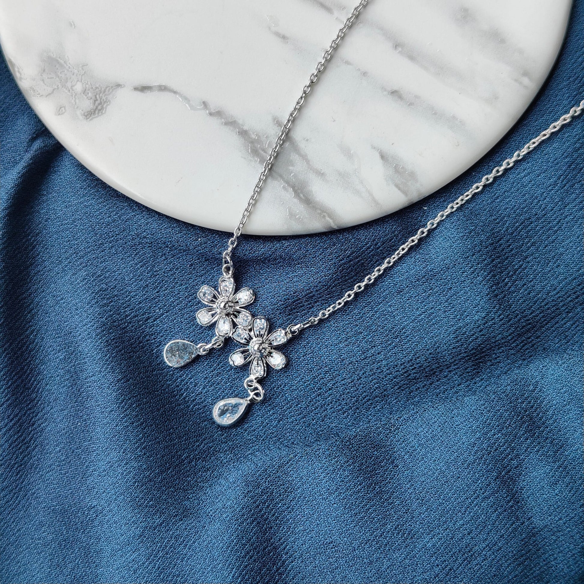 Two Floral Zircon Crystal Dokiya Pendant Dangle Necklace