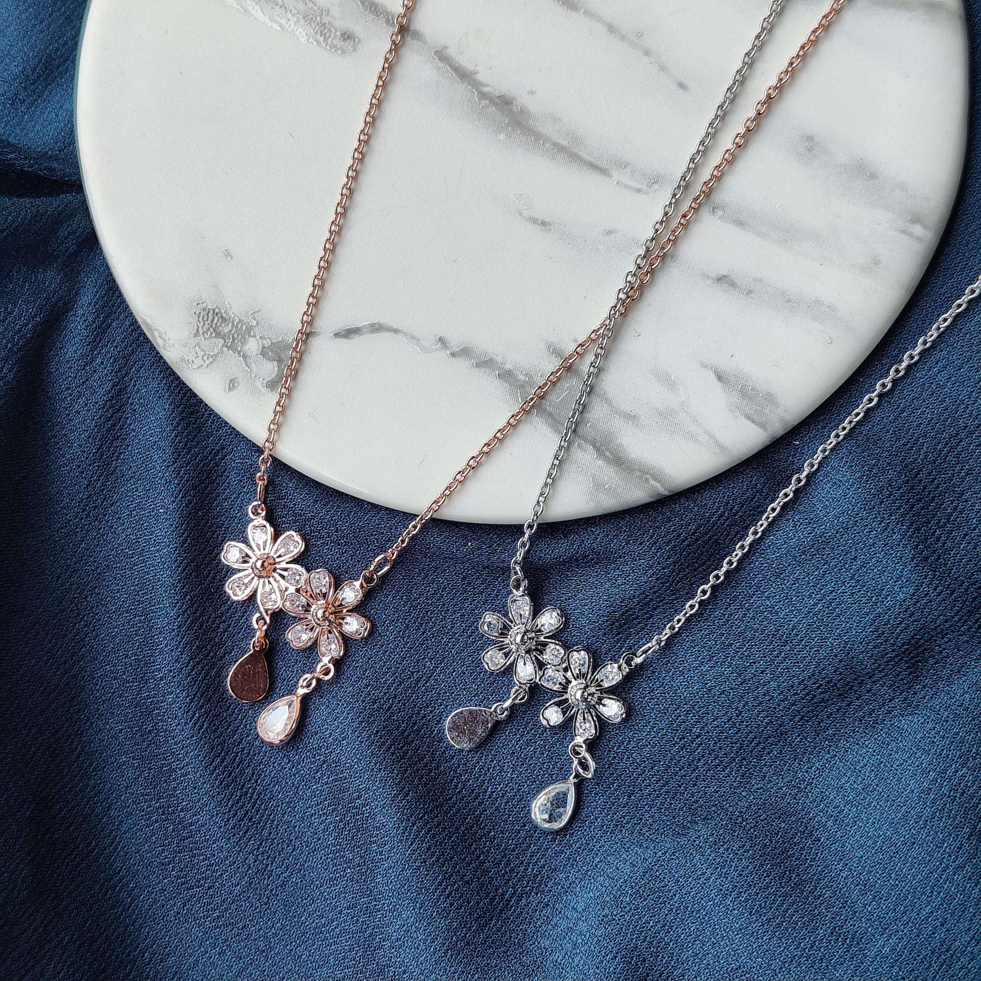 Two Floral Zircon Crystal Dokiya Pendant Dangle Necklace