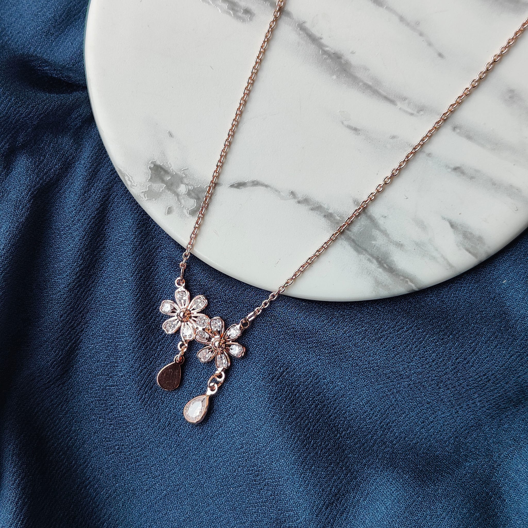 Two Floral Zircon Crystal Dokiya Pendant Dangle Necklace