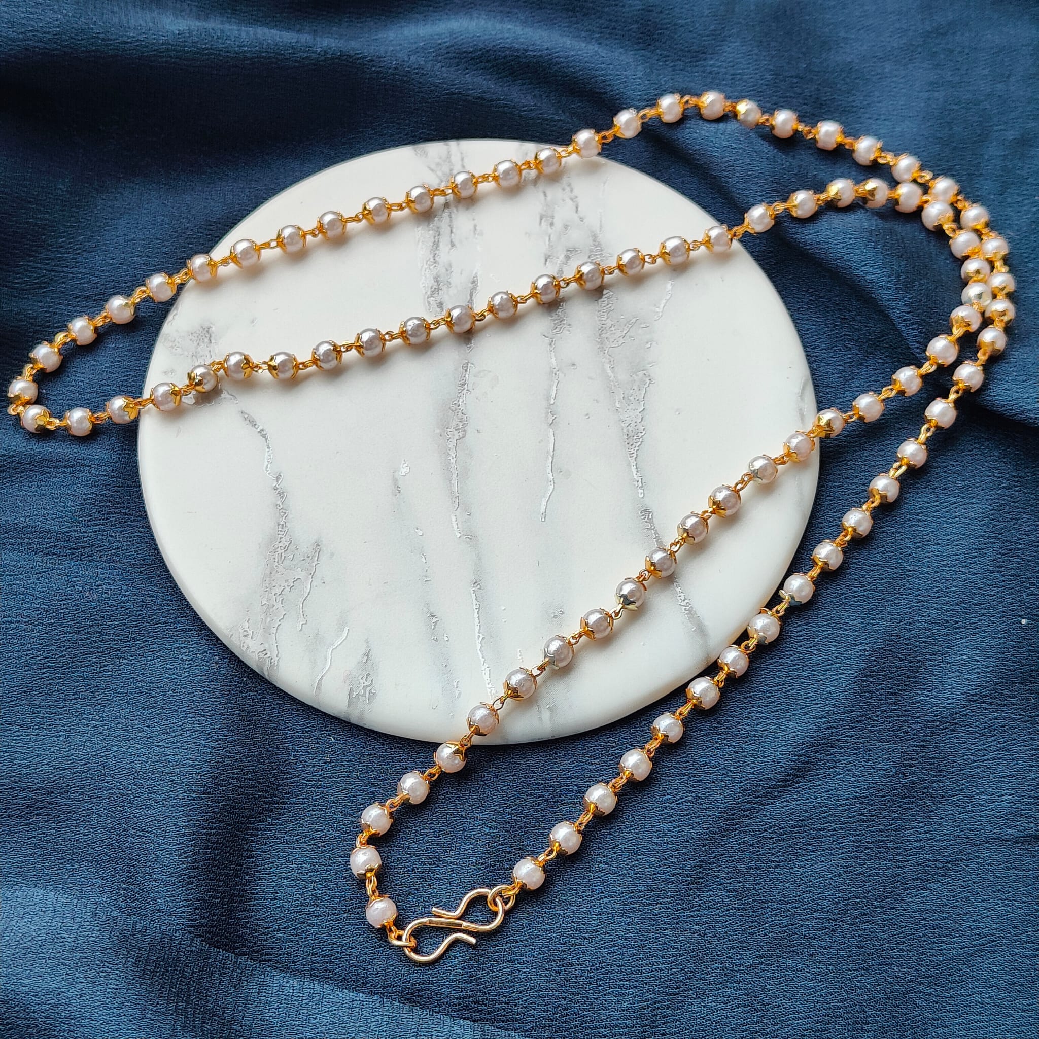 Single Strand Ethnic Beaded Brass Lightweight Unisex White Pearl Mala Necklace