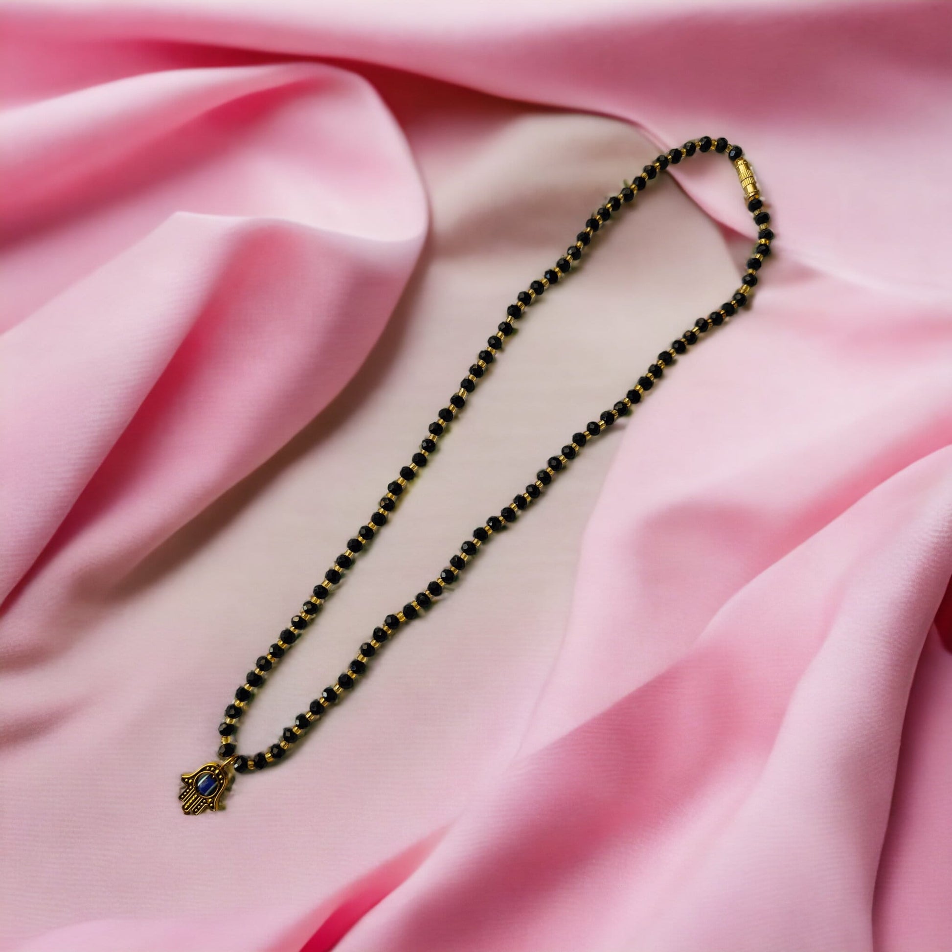 Black Crystal Gold Beaded Hamsa Mangalsutra Pendant Elegant Necklace