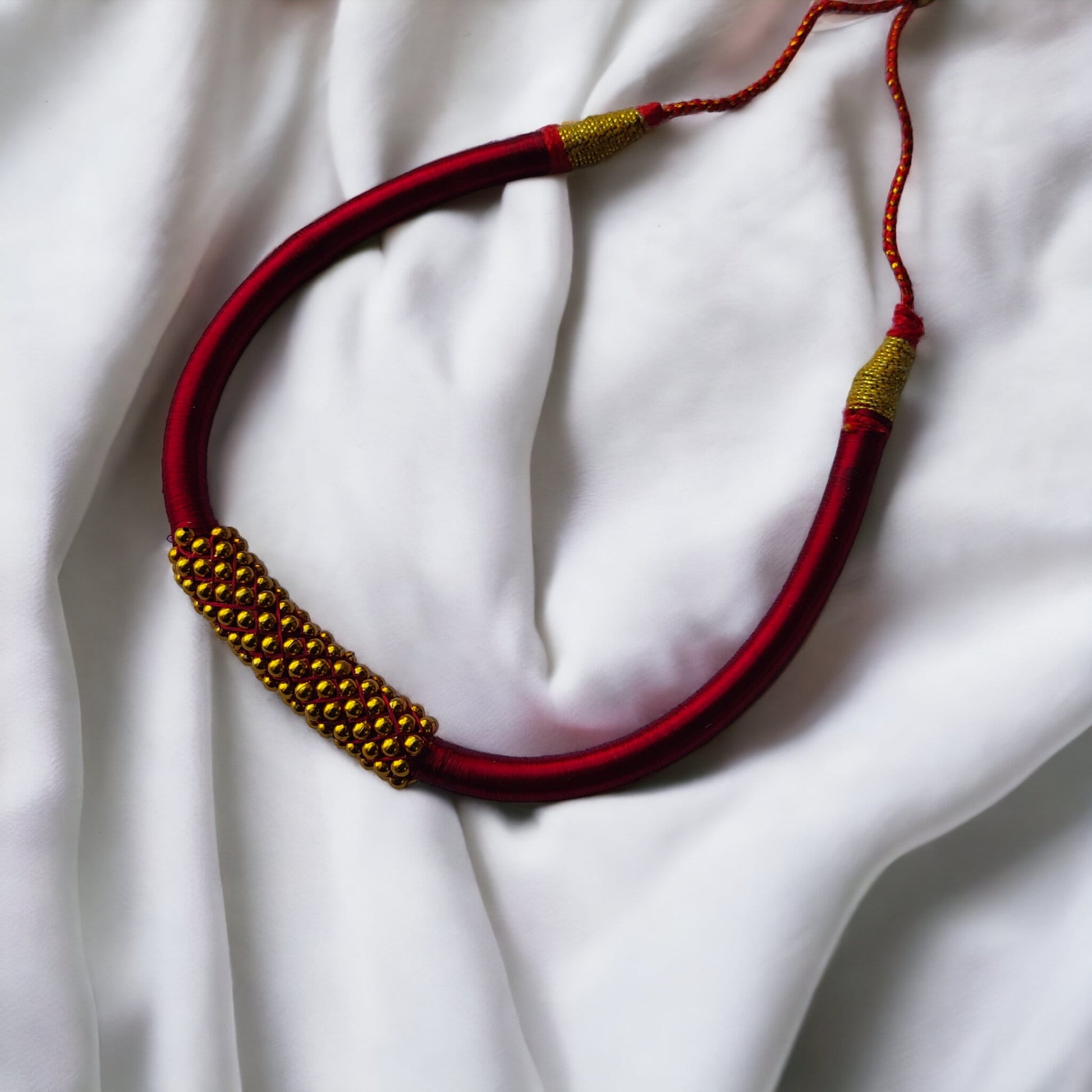 Red Silk Thread Handmade Adjustable Choker Bangle and Earring Set