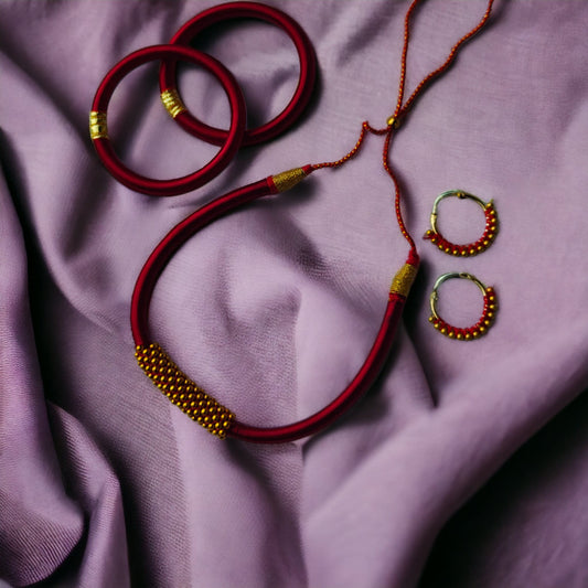 Red Silk Thread Handmade Adjustable Choker Bangle and Earring Set