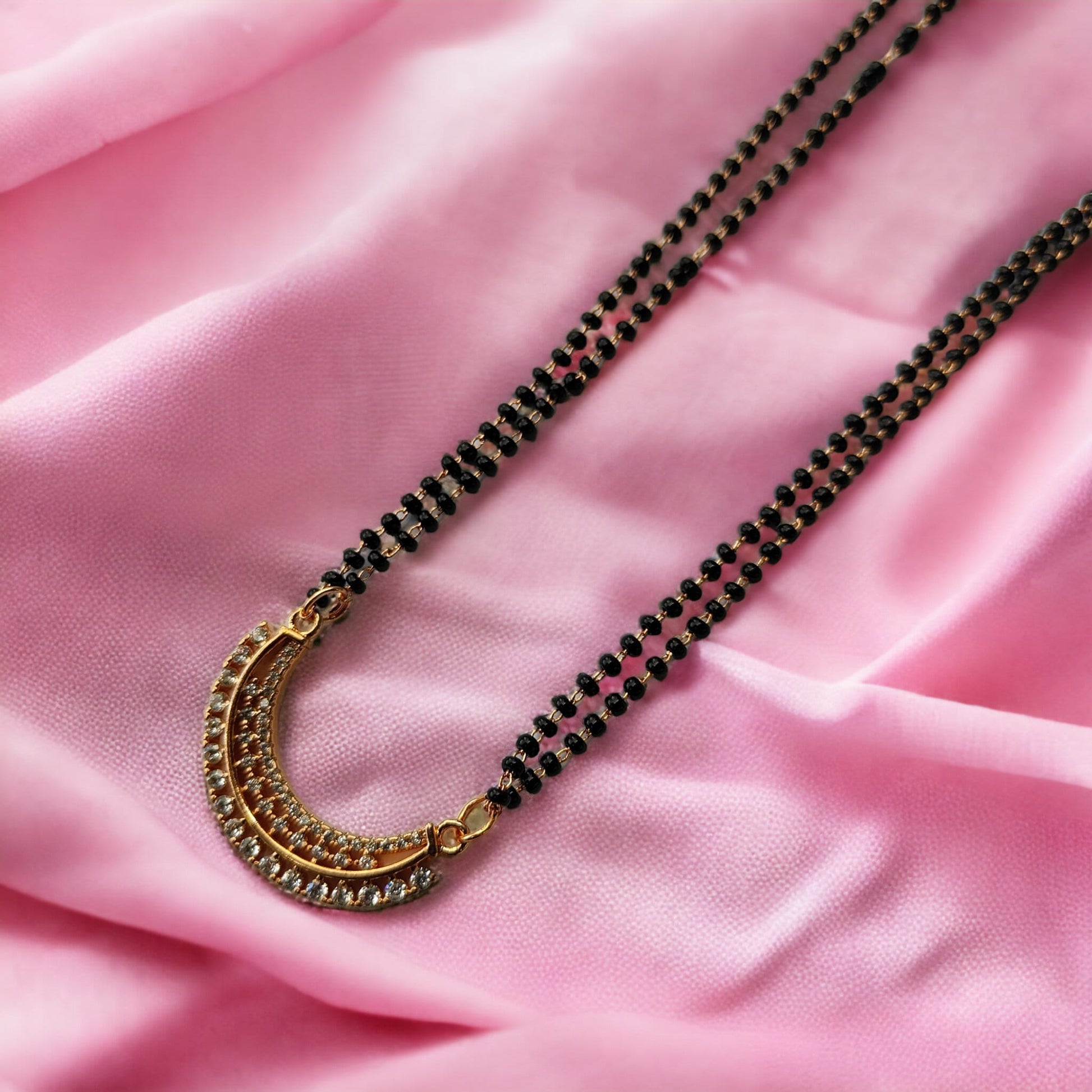 Indian Half Moon Zircon Nazaria Dangle Mangalsutra Black Beads Necklace