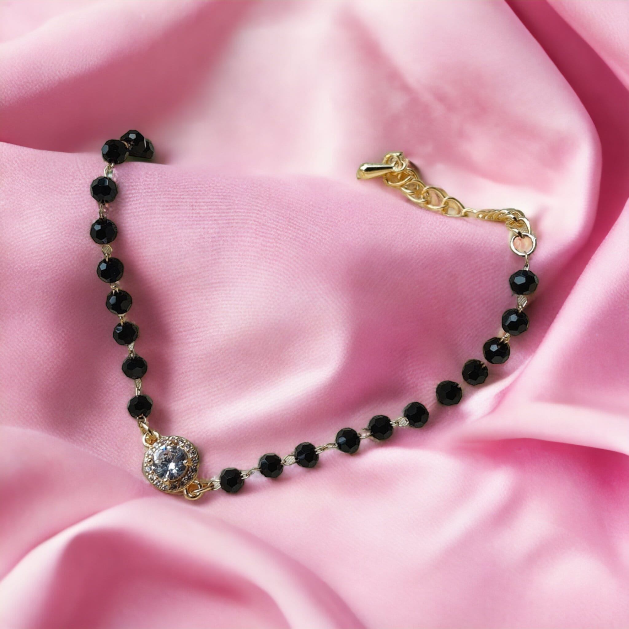 Indian Black Crystal Beads Round Zircon Mangalsutra Nazar Bracelet