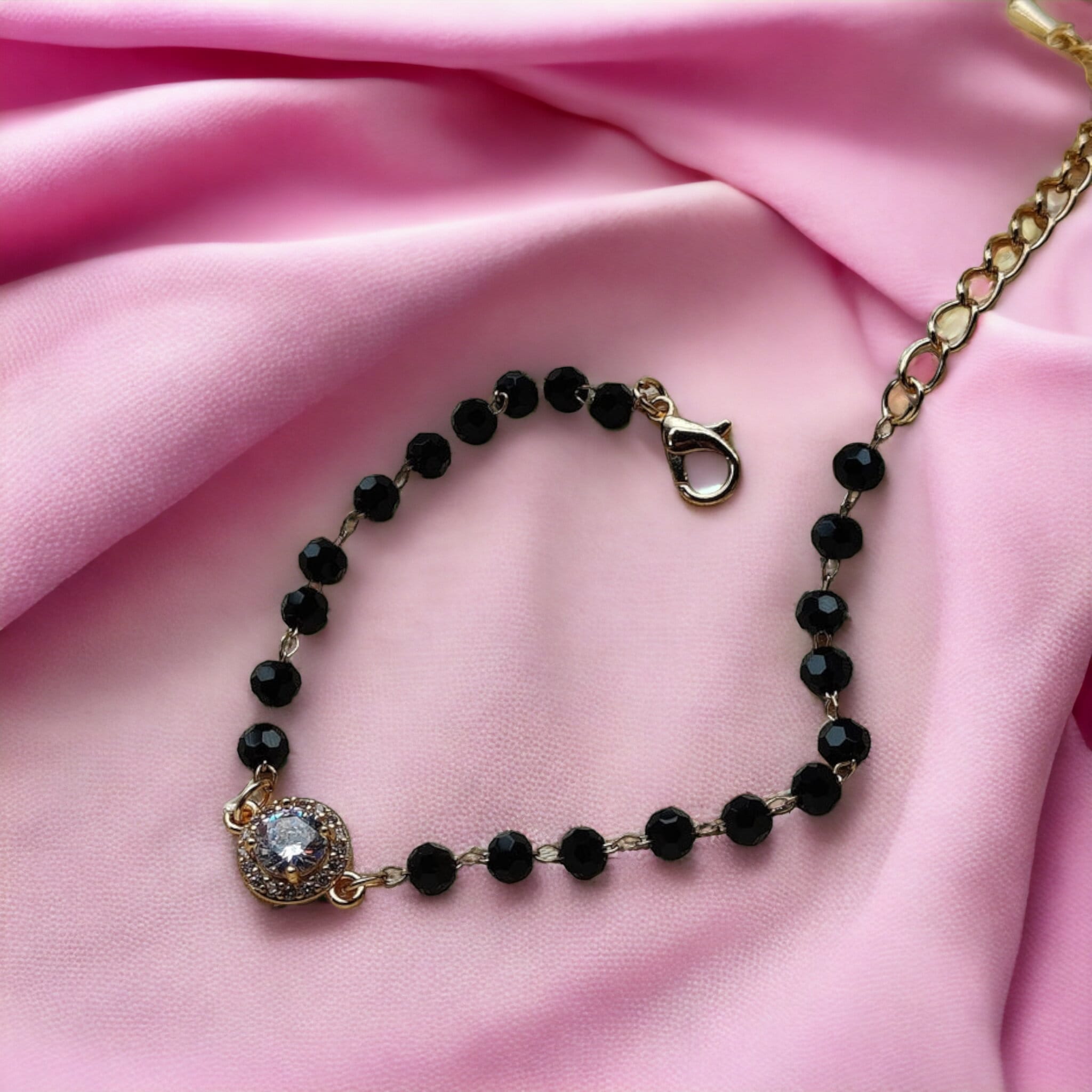 Indian Black Crystal Beads Round Zircon Mangalsutra Nazar Bracelet