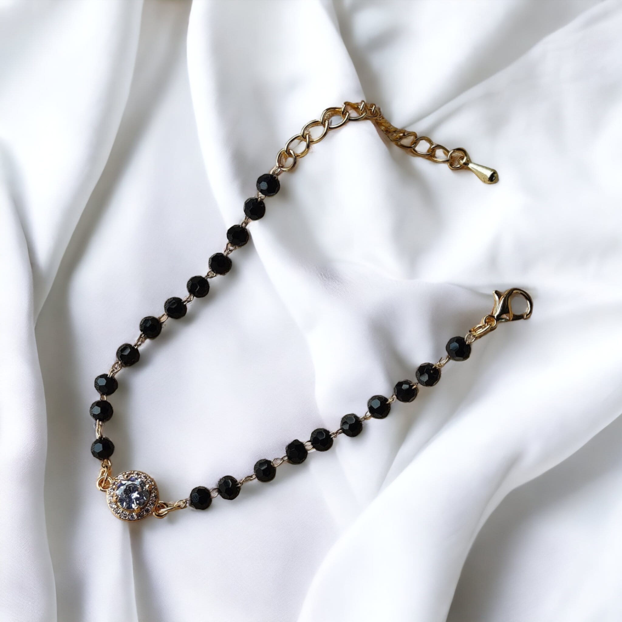 Indian Black Crystal Beads Round Zircon Mangalsutra Nazar Bracelet