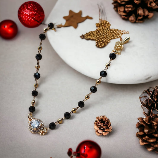 Indian Asian Black Beaded Round Zircon Mangalsutra Nazar Bracelet