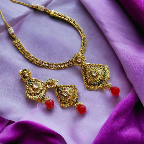 Gold Plated Traditional Indian Asian Wedding Pendant Necklace and Earring Set